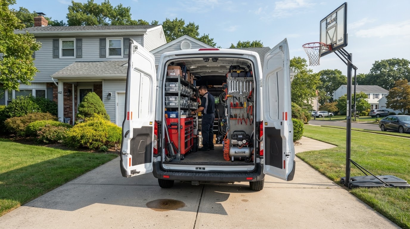 An unbranded white service van parked in a residential driveway in Freeport, NY, with rear doors open showing organized tool and parts bins, in daylight.