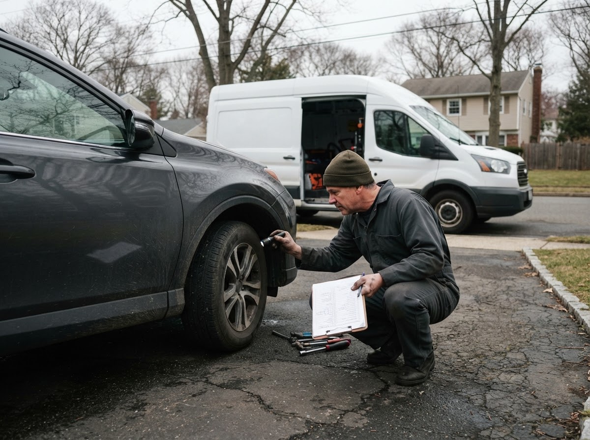 A mobile mechanic inspecting a used SUV in a driveway on Long Island — mobile pre-purchase inspections and fleet maintenance in Freeport, NY.