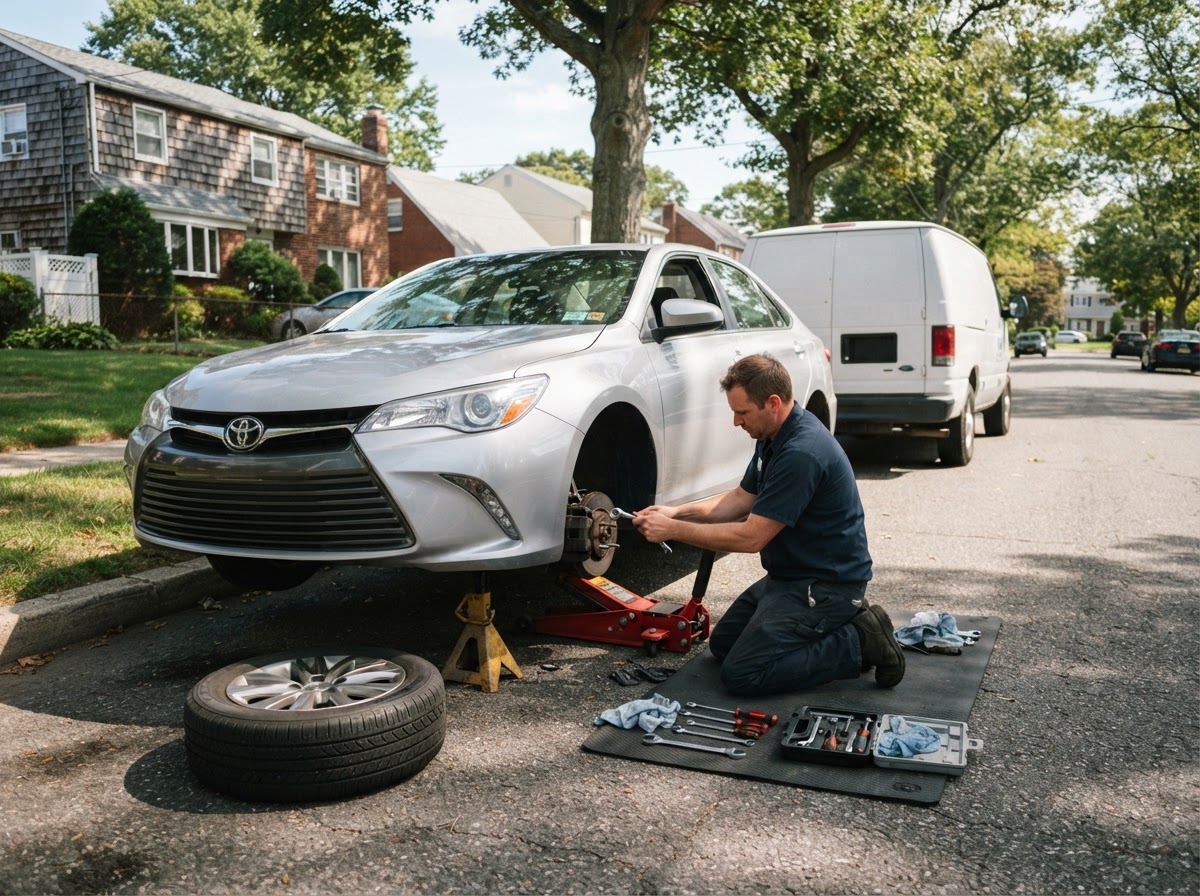 A mobile mechanic replacing brake pads on a sedan at a residential curb on Long Island — mobile brake repair in Freeport, NY.