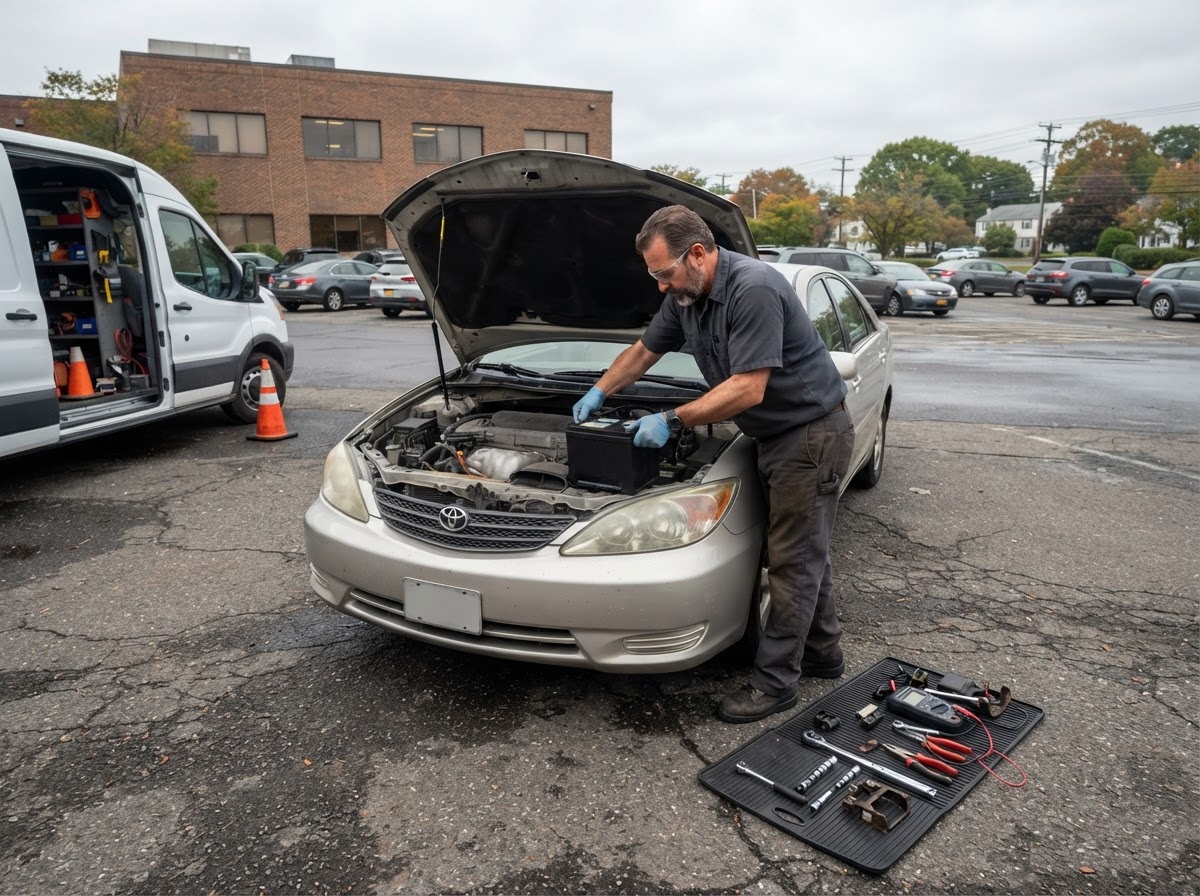 A mobile mechanic installing a car battery in an office parking lot on Long Island — mobile battery and electrical repair in Freeport, NY.