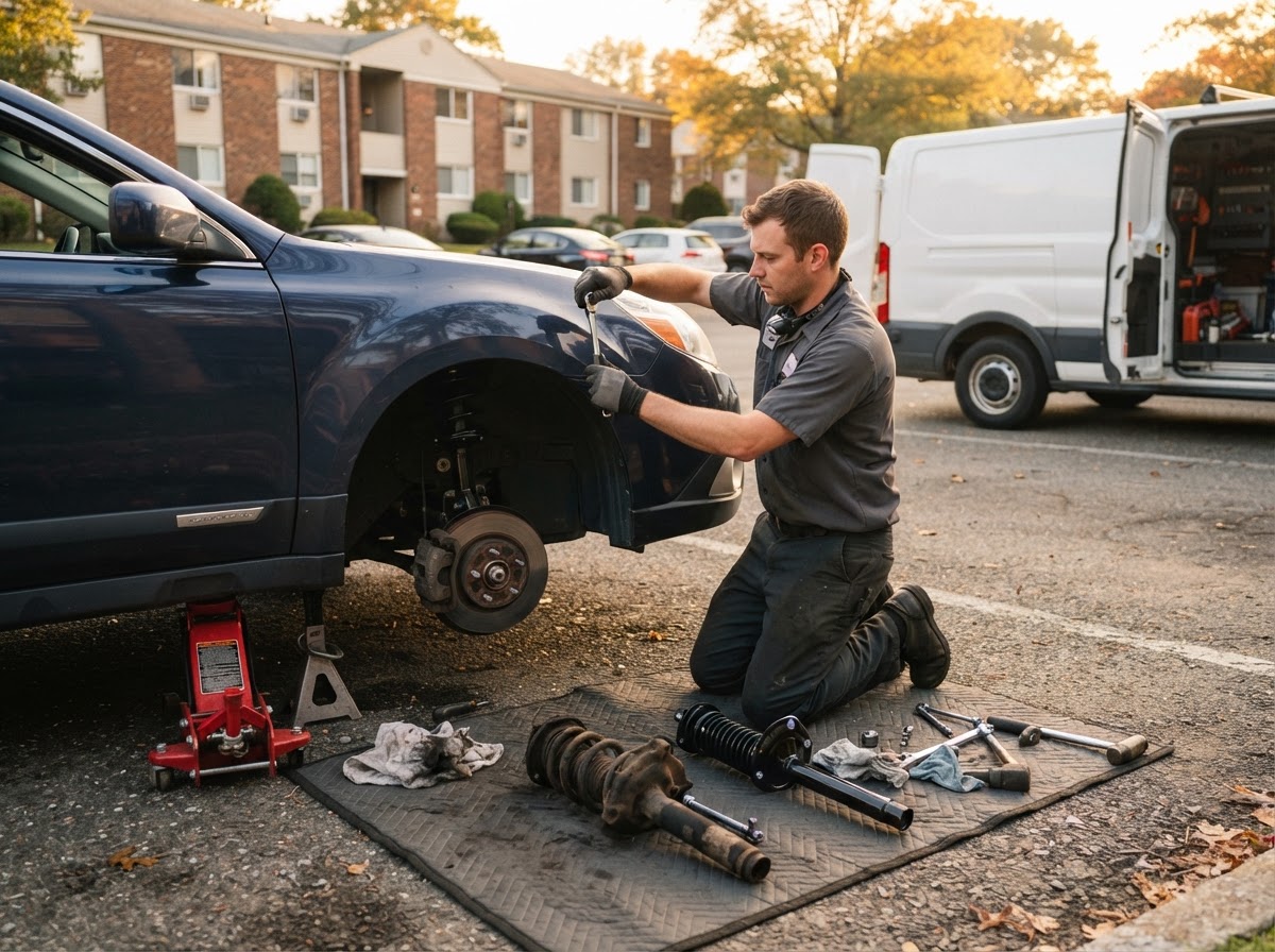A mobile mechanic replacing a strut in an apartment parking lot on Long Island — mobile suspension and steering repair in Freeport, NY.