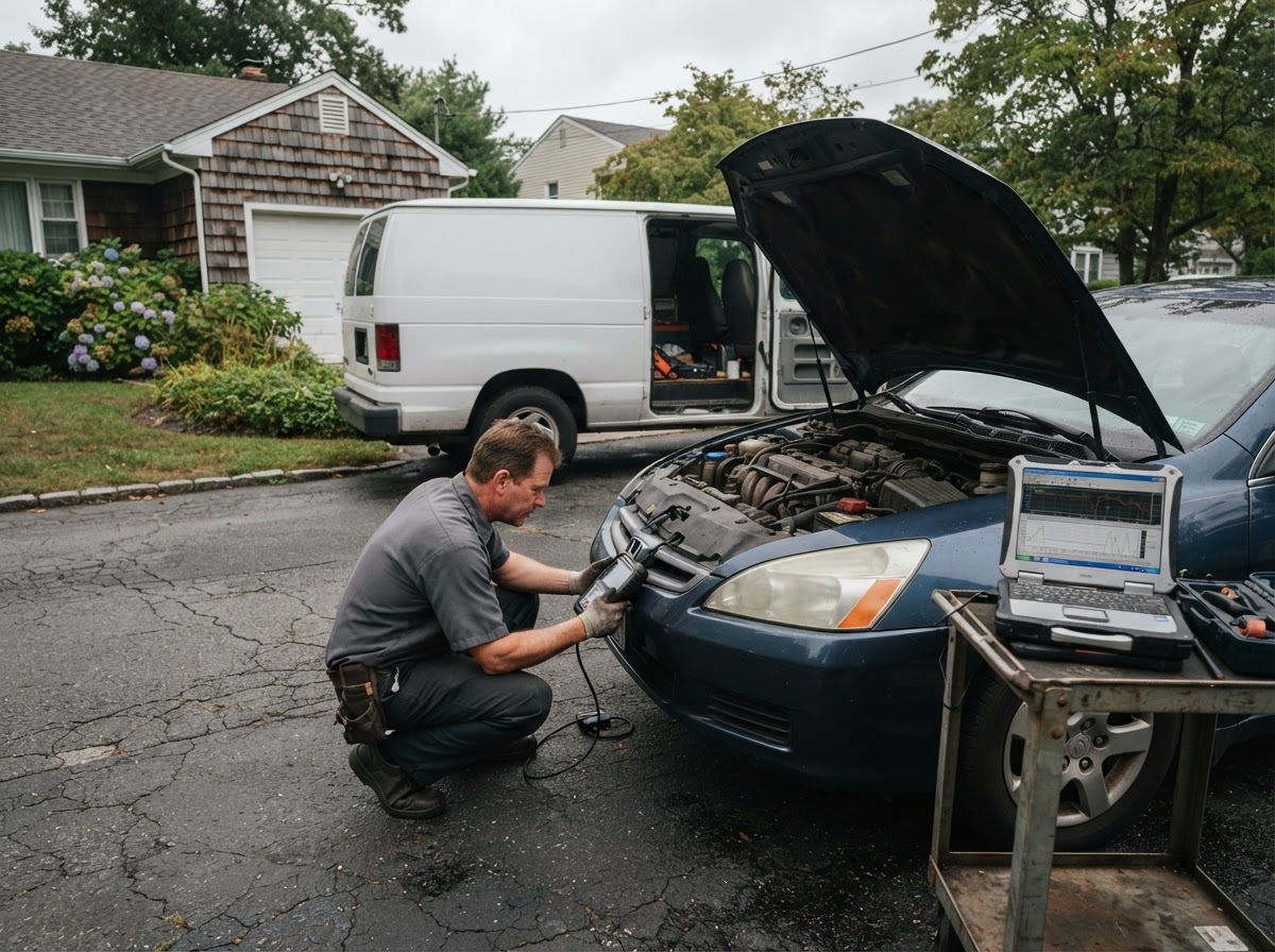 A mobile mechanic using an OBD2 scan tool in a residential driveway on Long Island — mobile engine diagnostics in Freeport, NY.