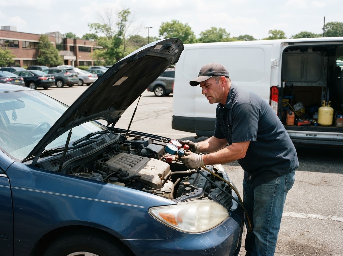 A mobile mechanic recharging a car AC system in a parking lot on Long Island — mobile AC and cooling system repair in Freeport, NY.