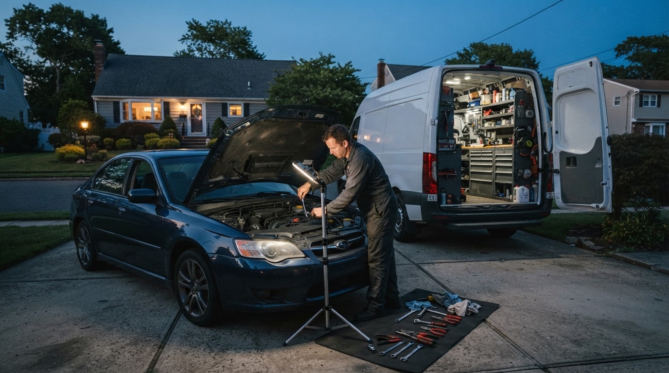 Mobile mechanic repairing a car in a Freeport NY driveway at night beside a service van.