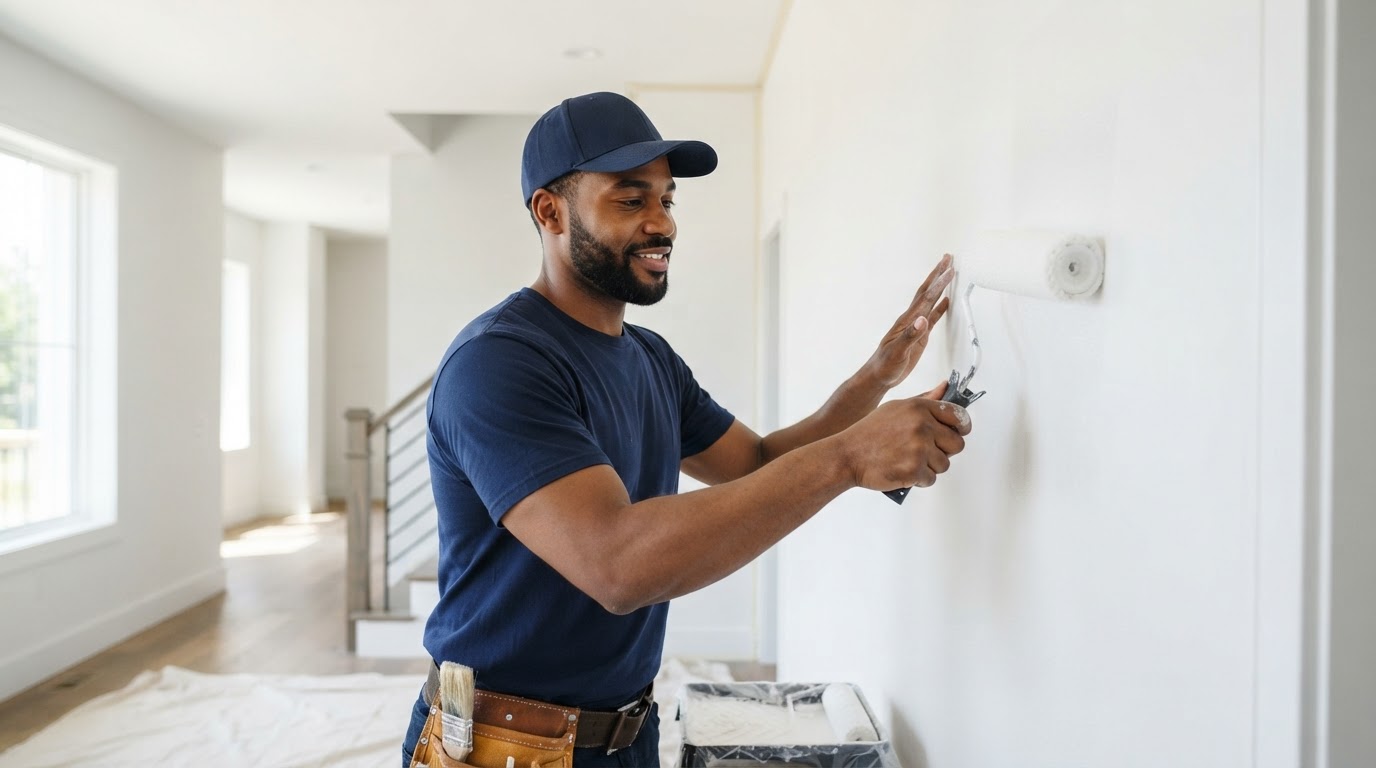 African American contractor rolling fresh paint onto smooth drywall in a Denver, CO home by Kingdom of Coating