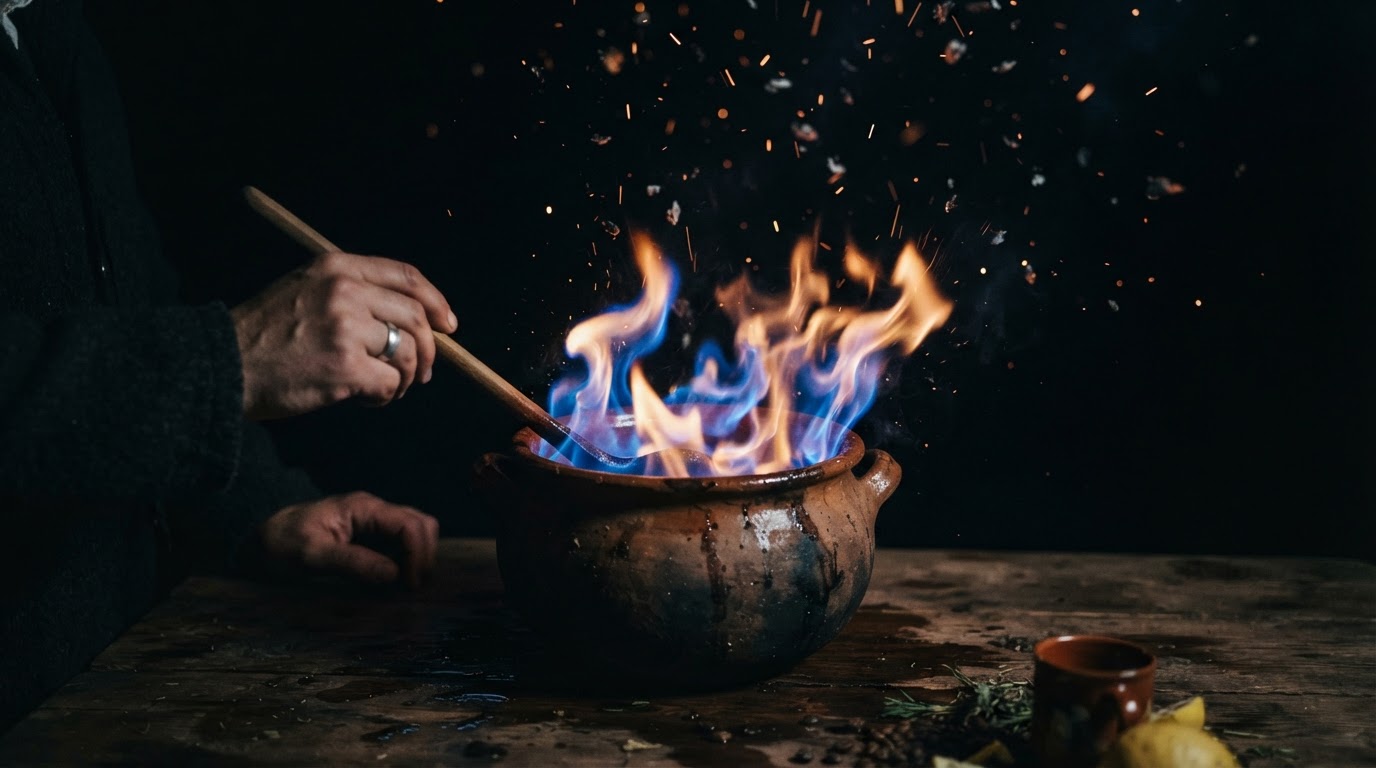 Pote de barro artesanal ardiendo con llamas de fuego azul y ámbar en plena oscuridad