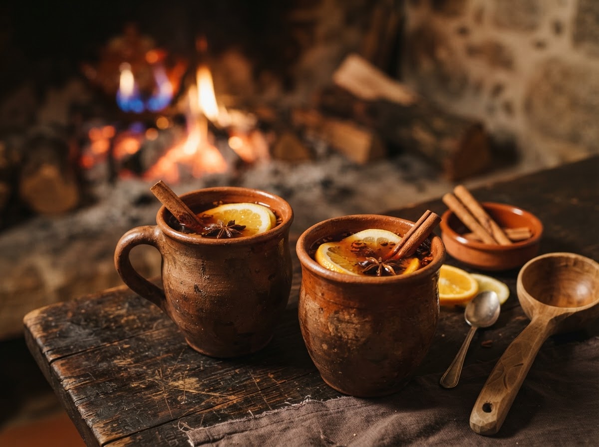 Tazas de barro con queimada, canela y cítricos sobre mesa rústica