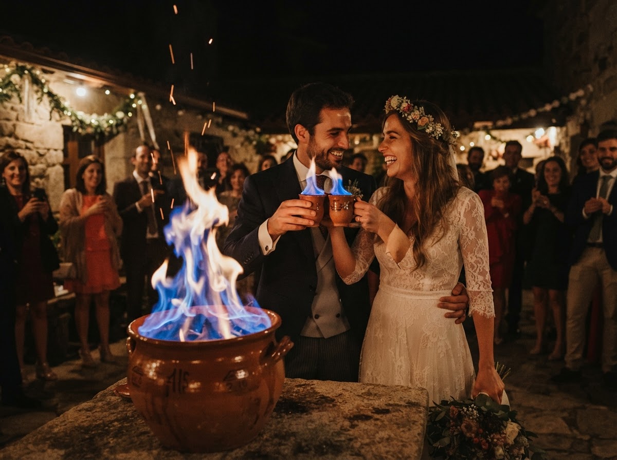 Pareja de novios brindando con tazas de barro junto a las llamas azules