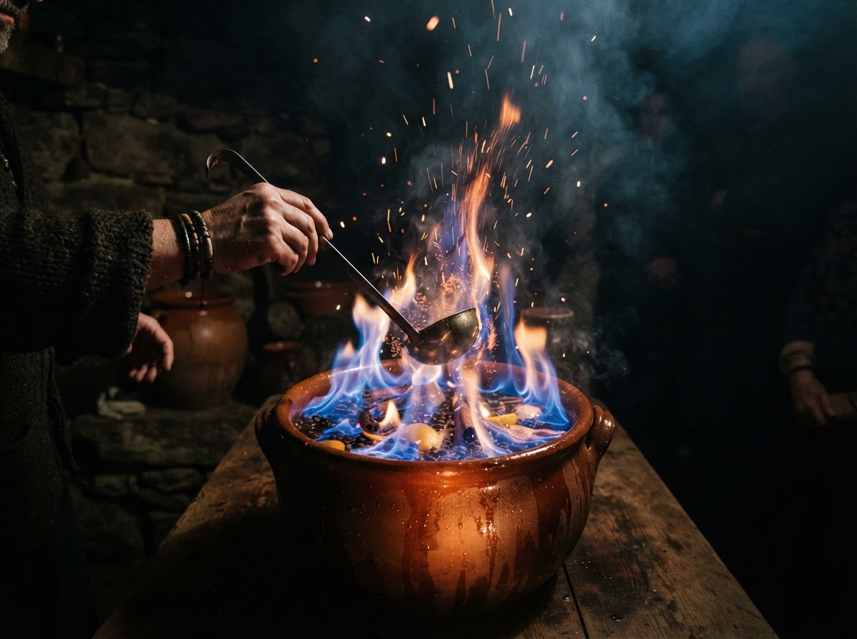 Pote de barro ardiendo con llamas azules y ámbar en la oscuridad