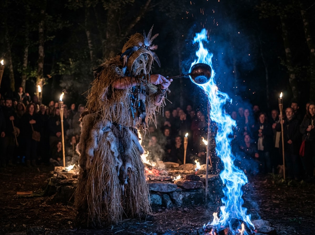 Druida con traje de paja haciendo cascada de fuego líquido
