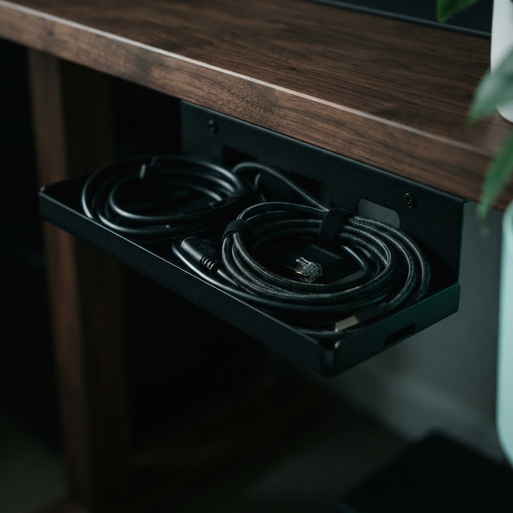desk still life: Cable management tray