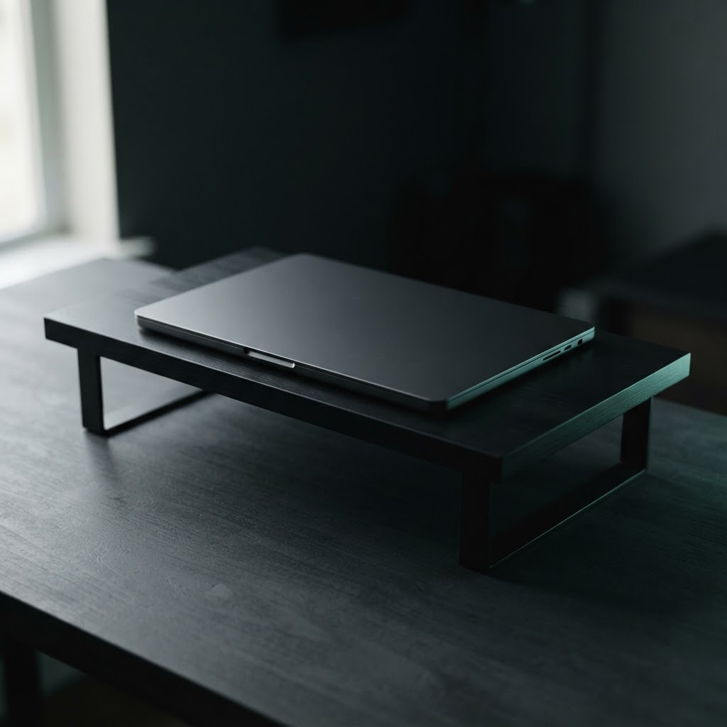 desk still life: Monitor riser shelf