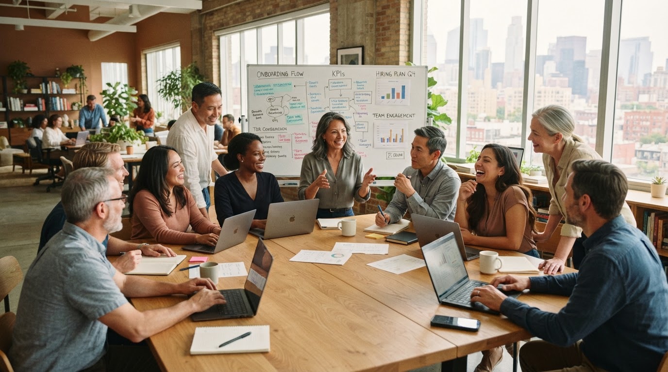An HR and operations team collaborating at a whiteboard
