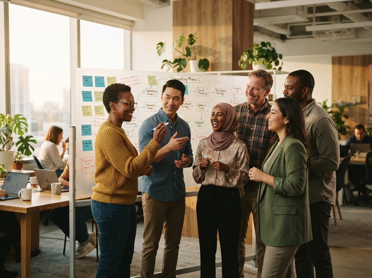 An HR team planning workflows at a whiteboard