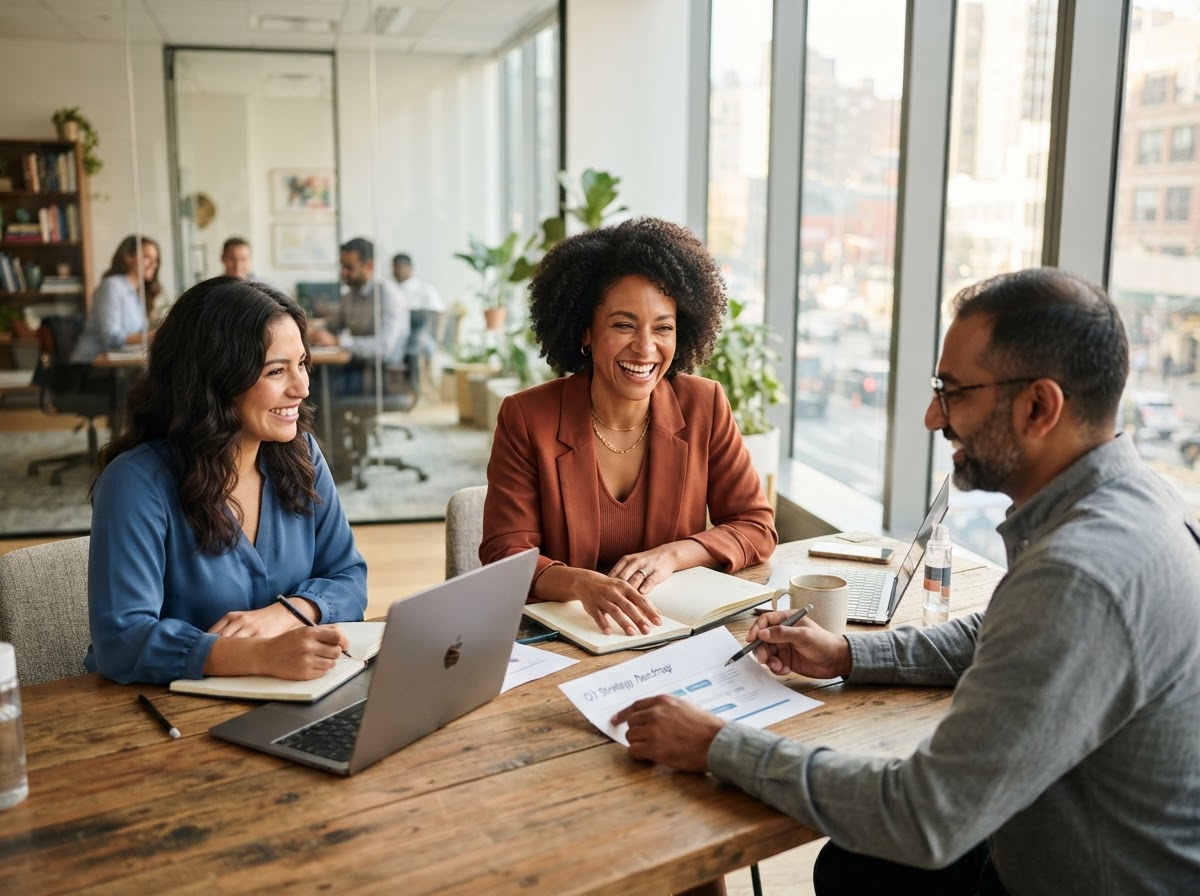 A consultant collaborating warmly with two clients around a table