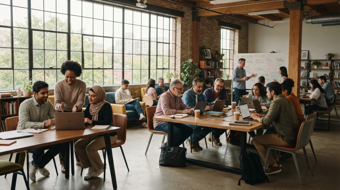 Educators and students learning together in a modern classroom