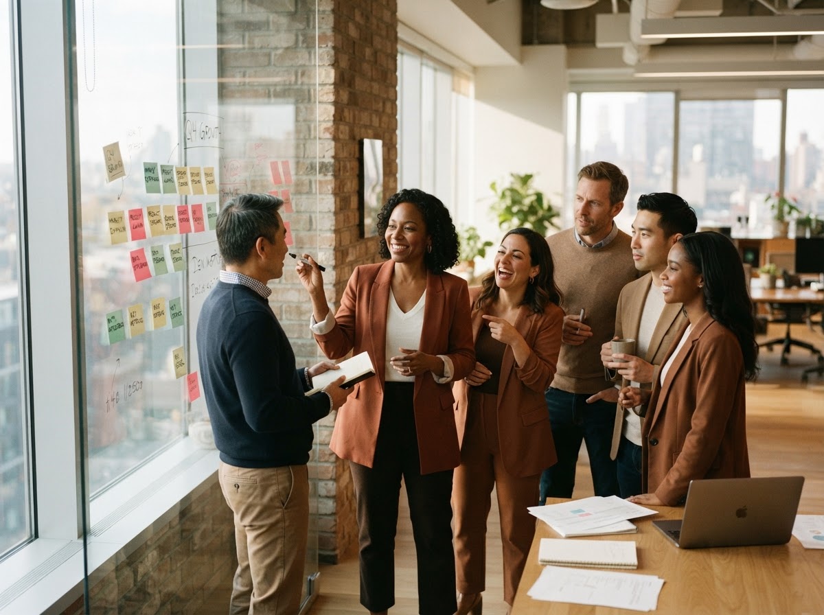 Executives in a strategy meeting around a whiteboard