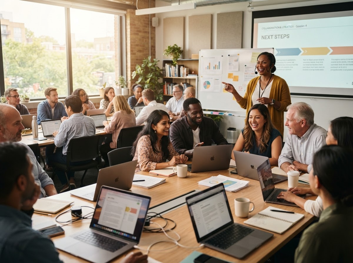 Adult learners in a Conquer AI training session