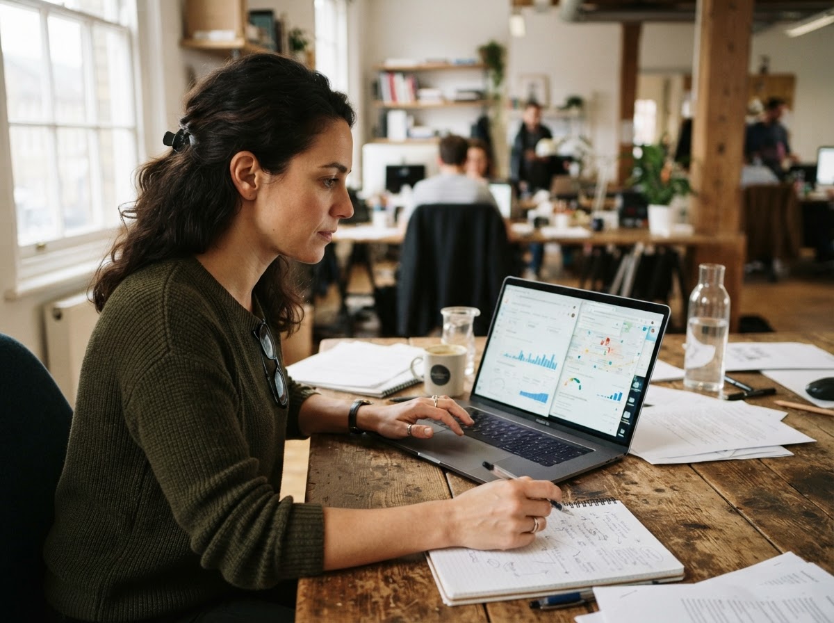 Marketing strategist reviewing analytics and local search visibility on a laptop