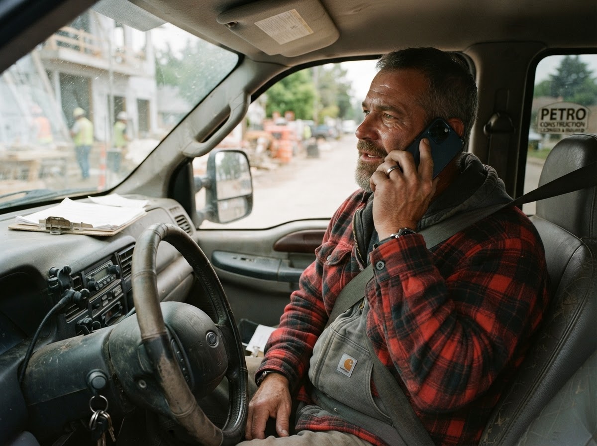 Contractor business owner making an introductory phone call from a work truck