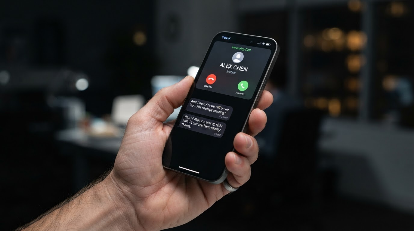 Smartphone showing an incoming business call with automated follow-up