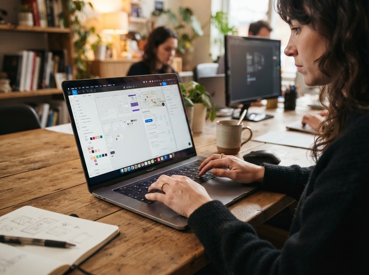 Web designer working on a laptop building a local business website