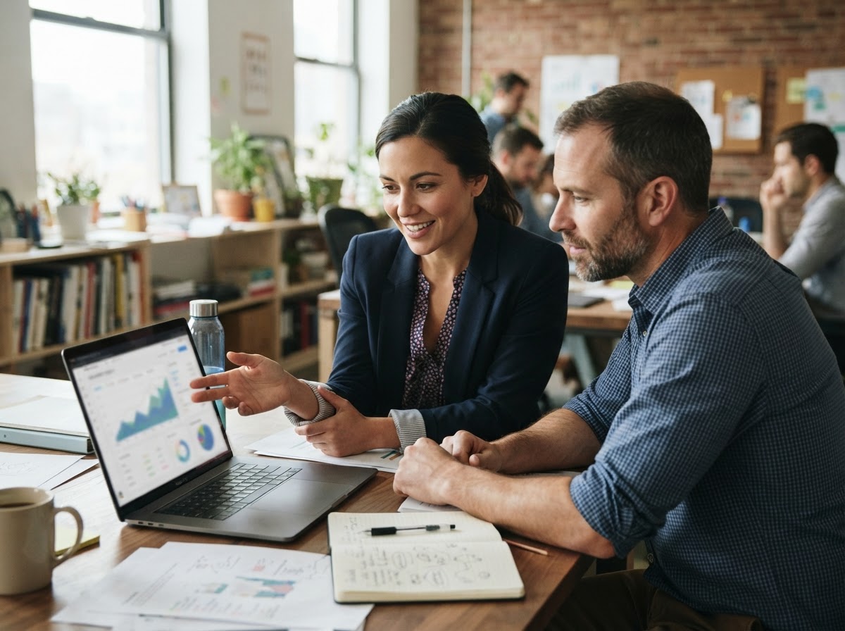 Strategist and business owner reviewing monthly performance graphs together