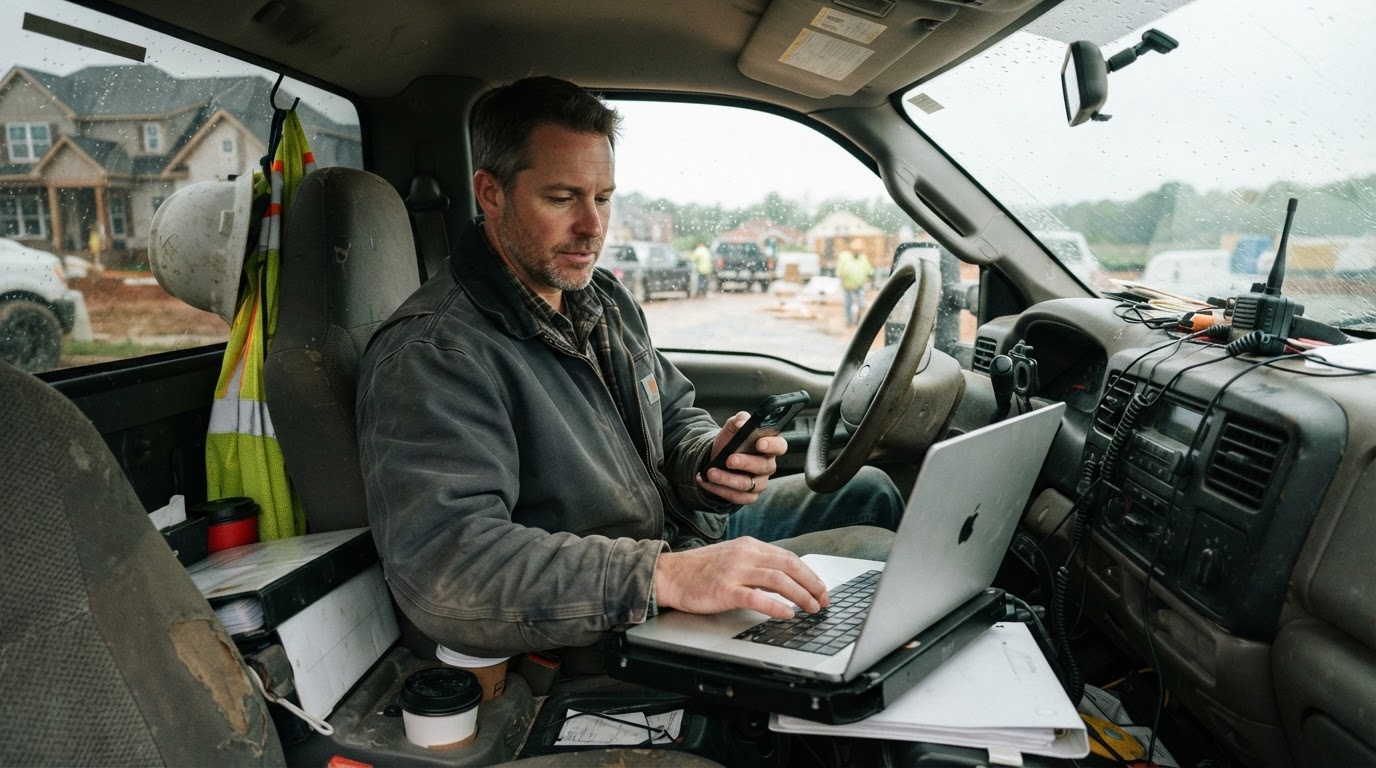 Contractor business owner checking phone between jobs