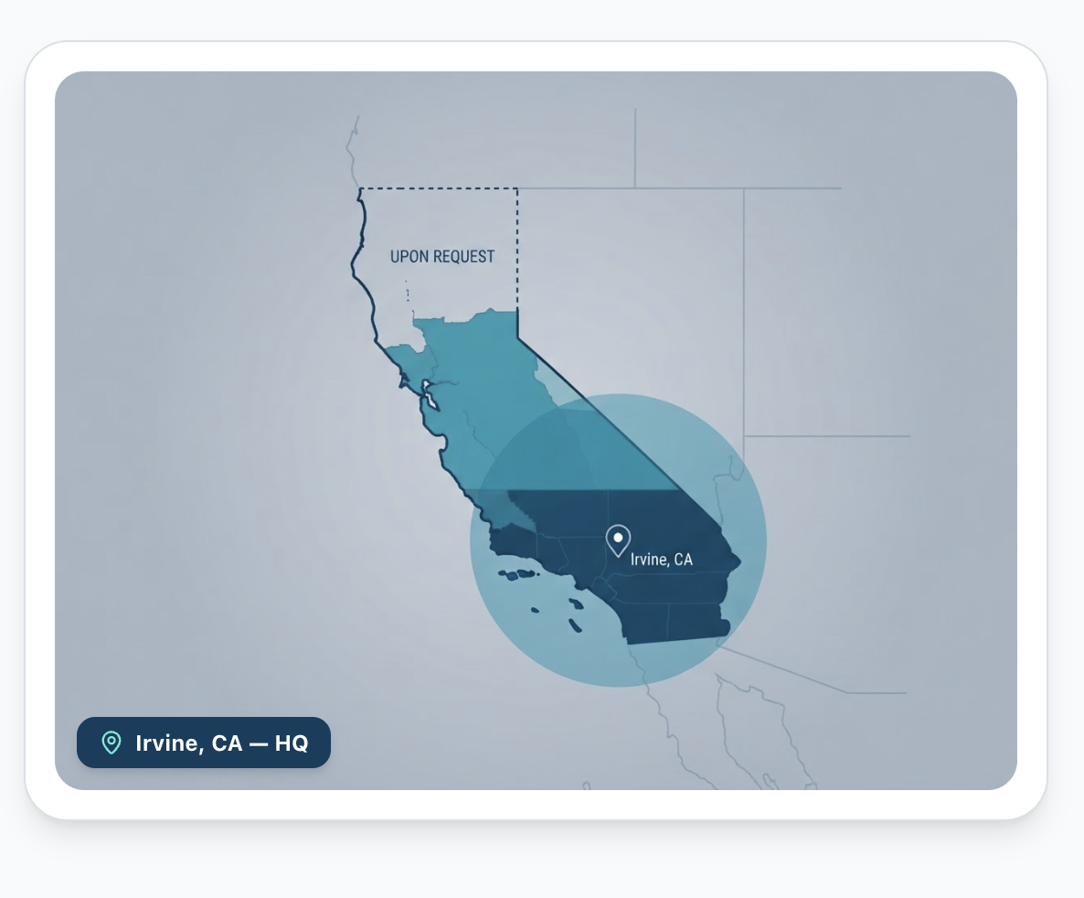 Map of California showing AiM Imaging Care's 500-mile service radius from Irvine, CA