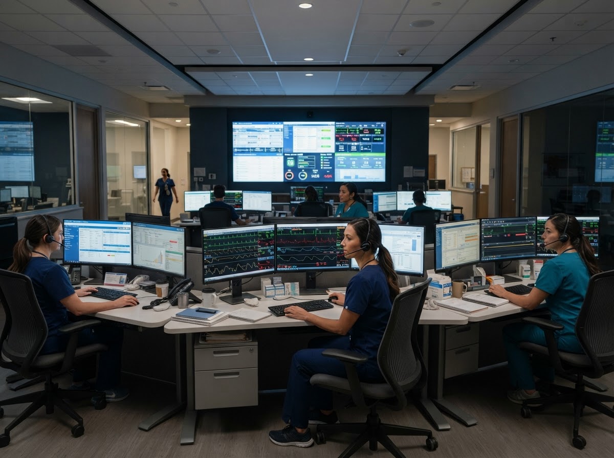 Trained staff at the VitalLink 24/7 monitoring station watching patient health dashboards