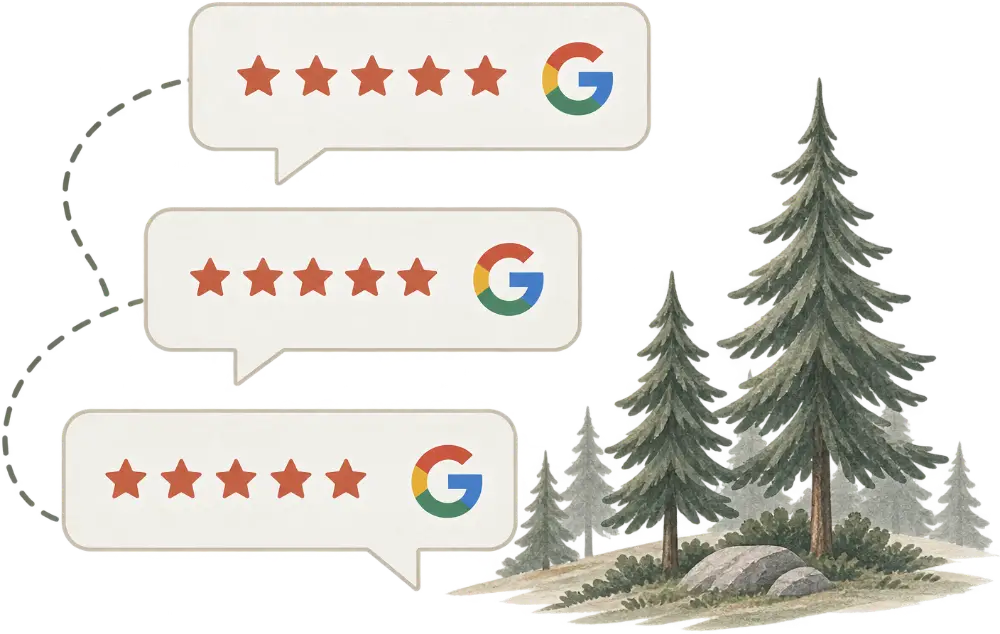 Five-star Google review bubbles beside a pine forest illustration
