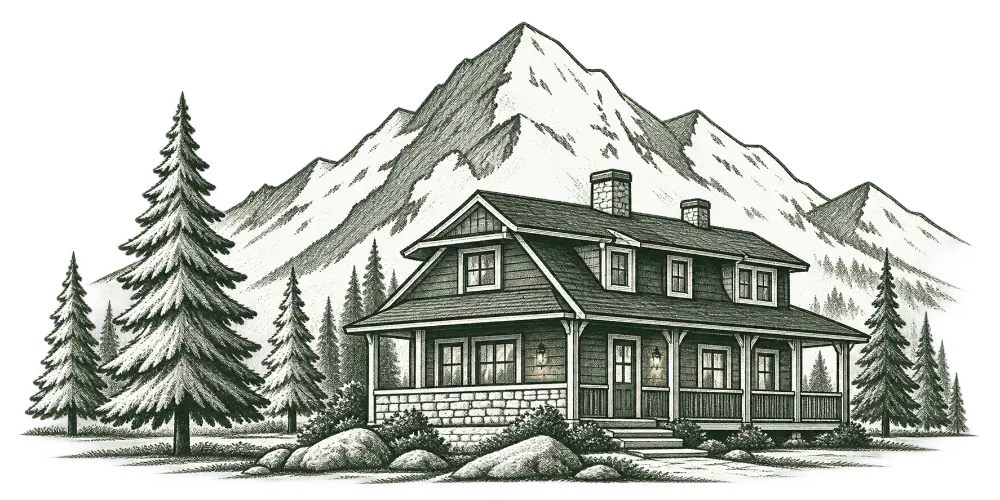 Illustrated craftsman-style mountain home surrounded by pine trees, representing a completed real estate closing