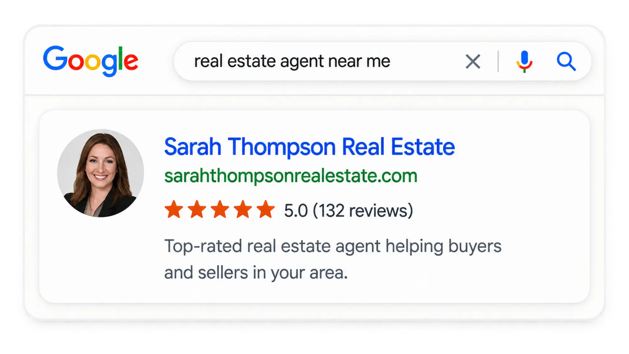 Google Search result showing Sarah Thompson Real Estate with 5.0 rating and 132 reviews