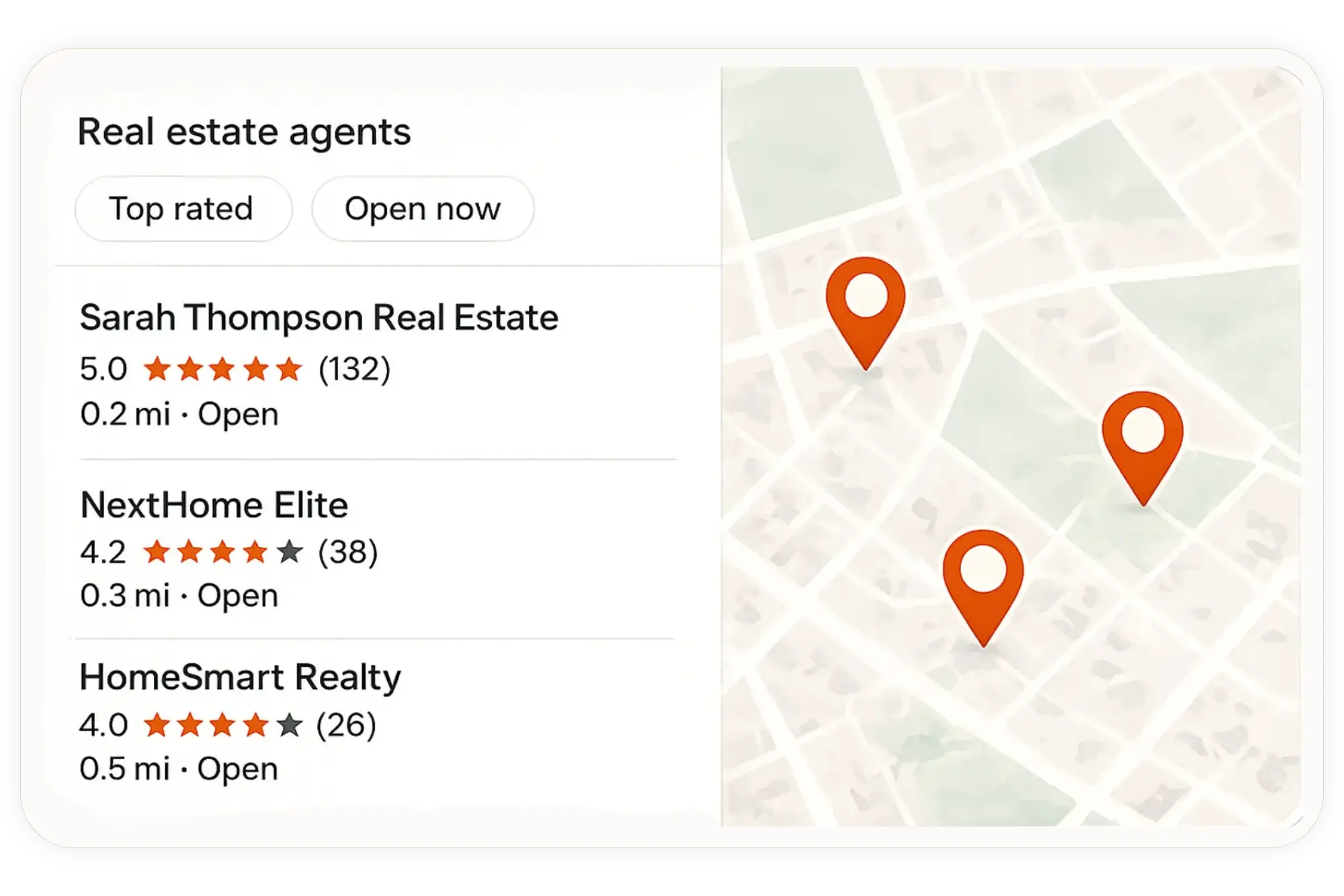 Google Maps search result showing top-rated real estate agents with ratings and map location pins