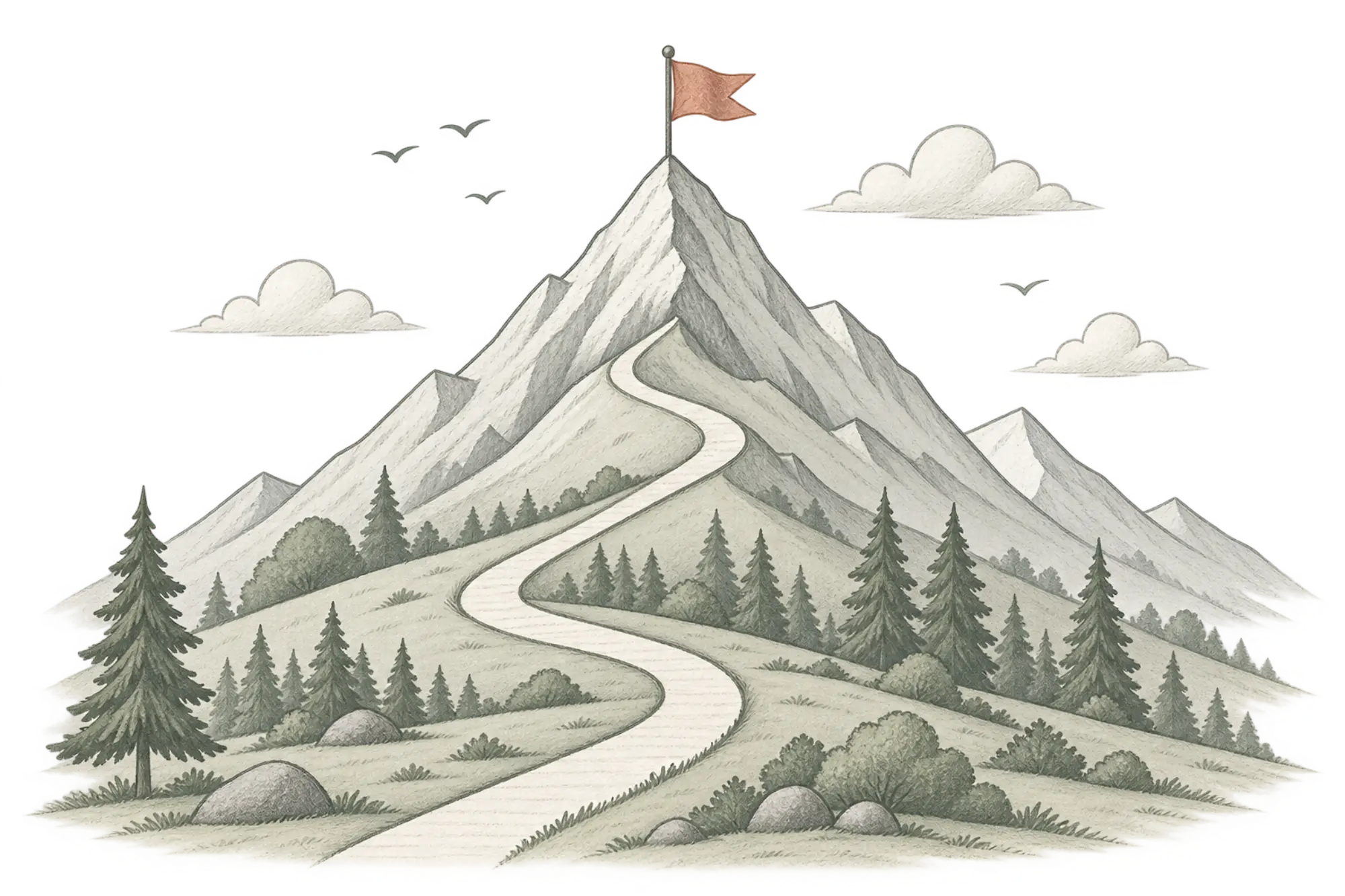 Winding mountain path leading to a summit flag, representing growing visibility with Lift