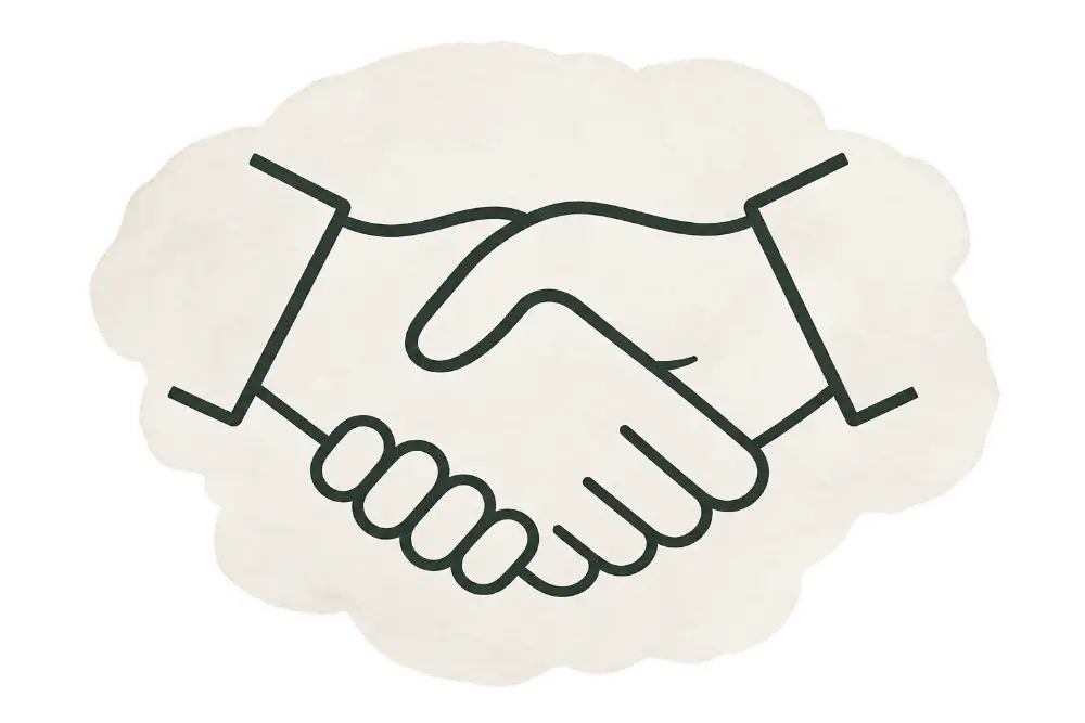Handshake illustration on cream cloud background representing a completed real estate transaction