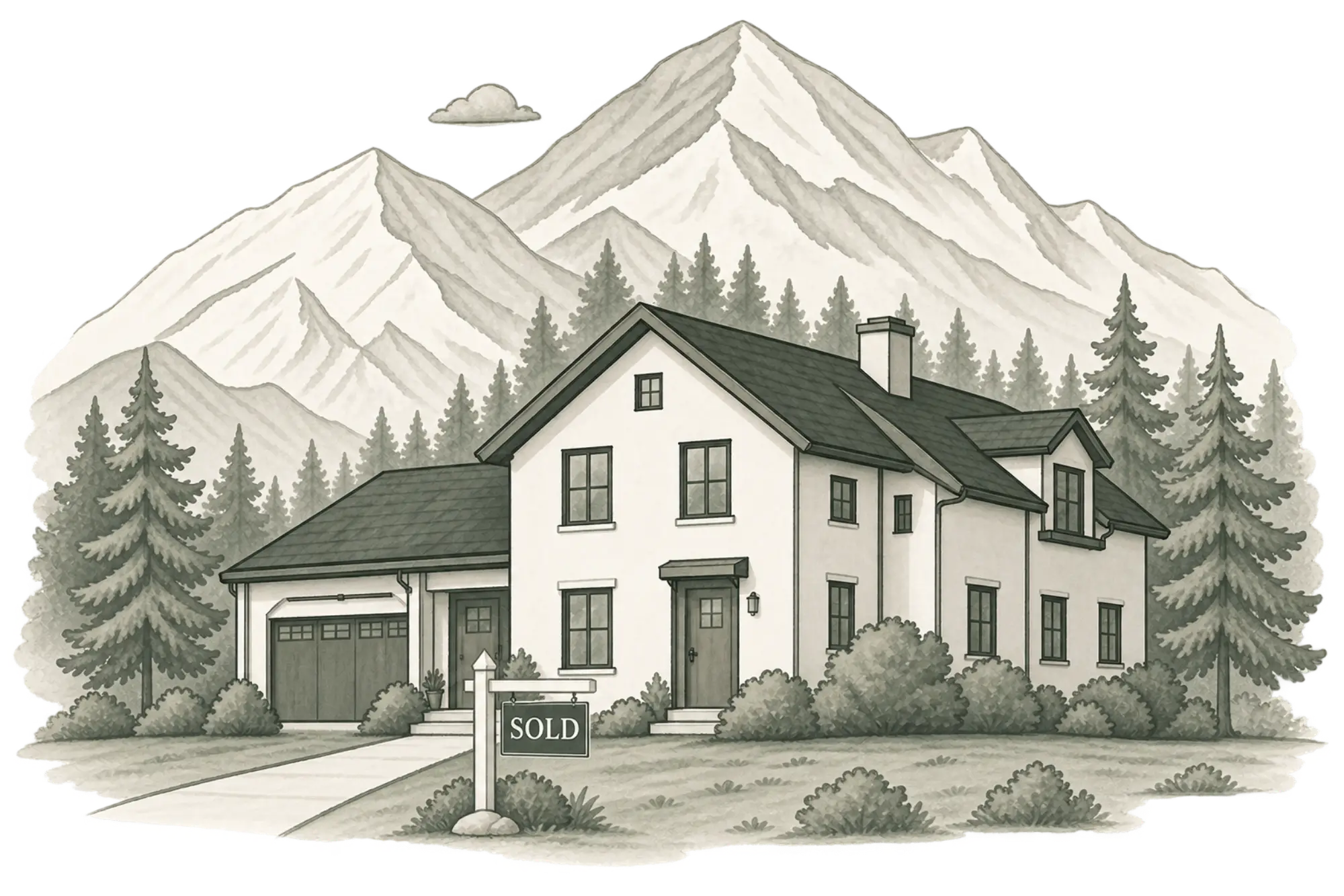 Illustration of a sold home with mountains in the background, representing completed real estate closings