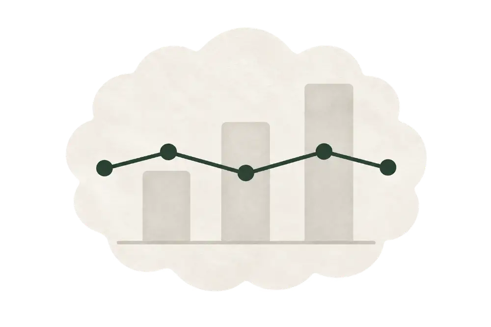 Bar chart and trend line illustration on cream cloud background representing flat search engine visibility