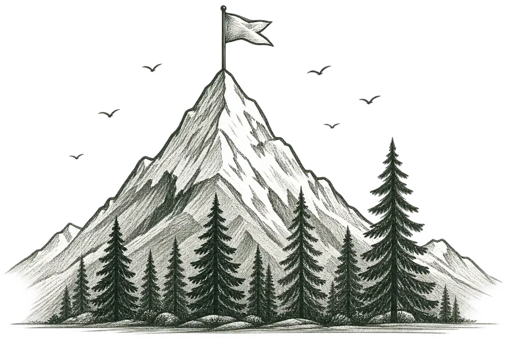 Mountain peak with summit flag representing top search engine rankings and AI search visibility powered by Google reviews