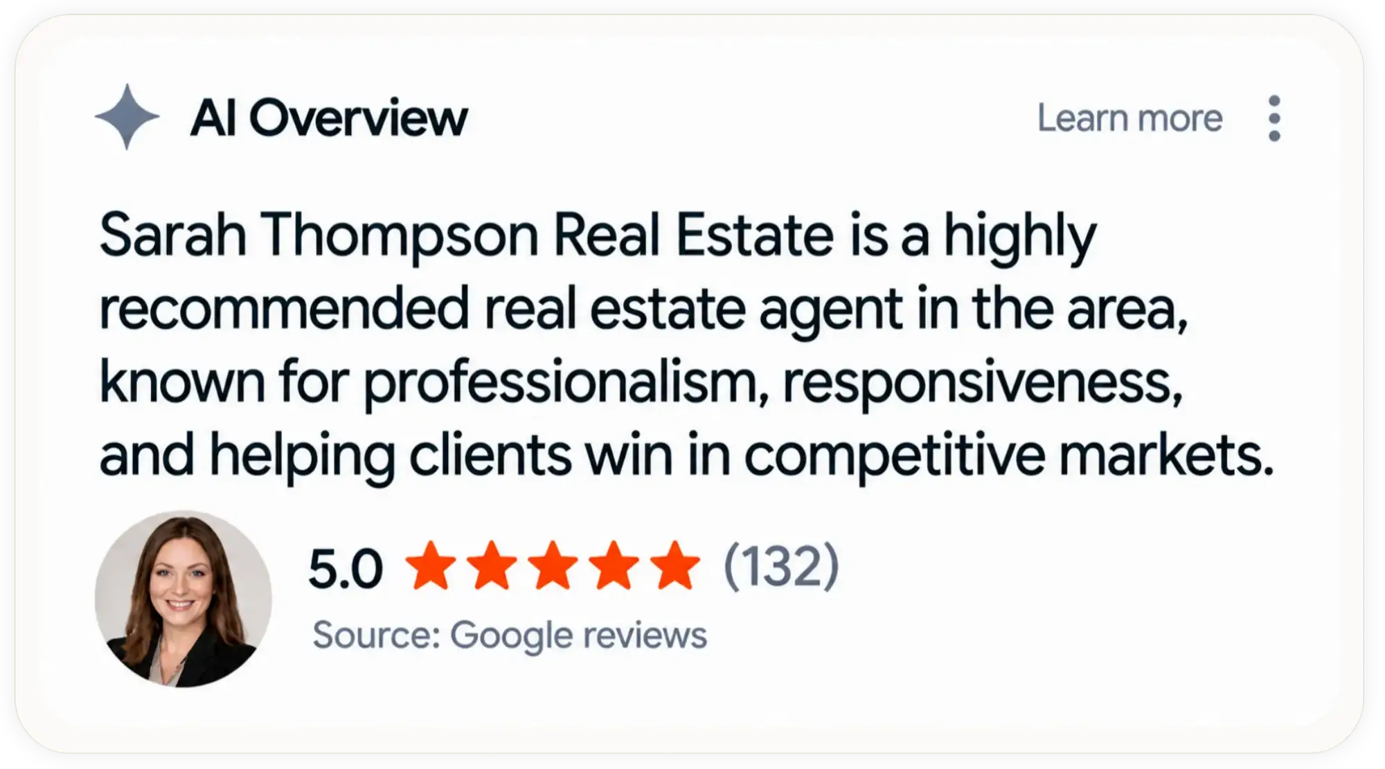 AI Overview answer recommending top real estate agent powered by Google reviews and 5-star ratings