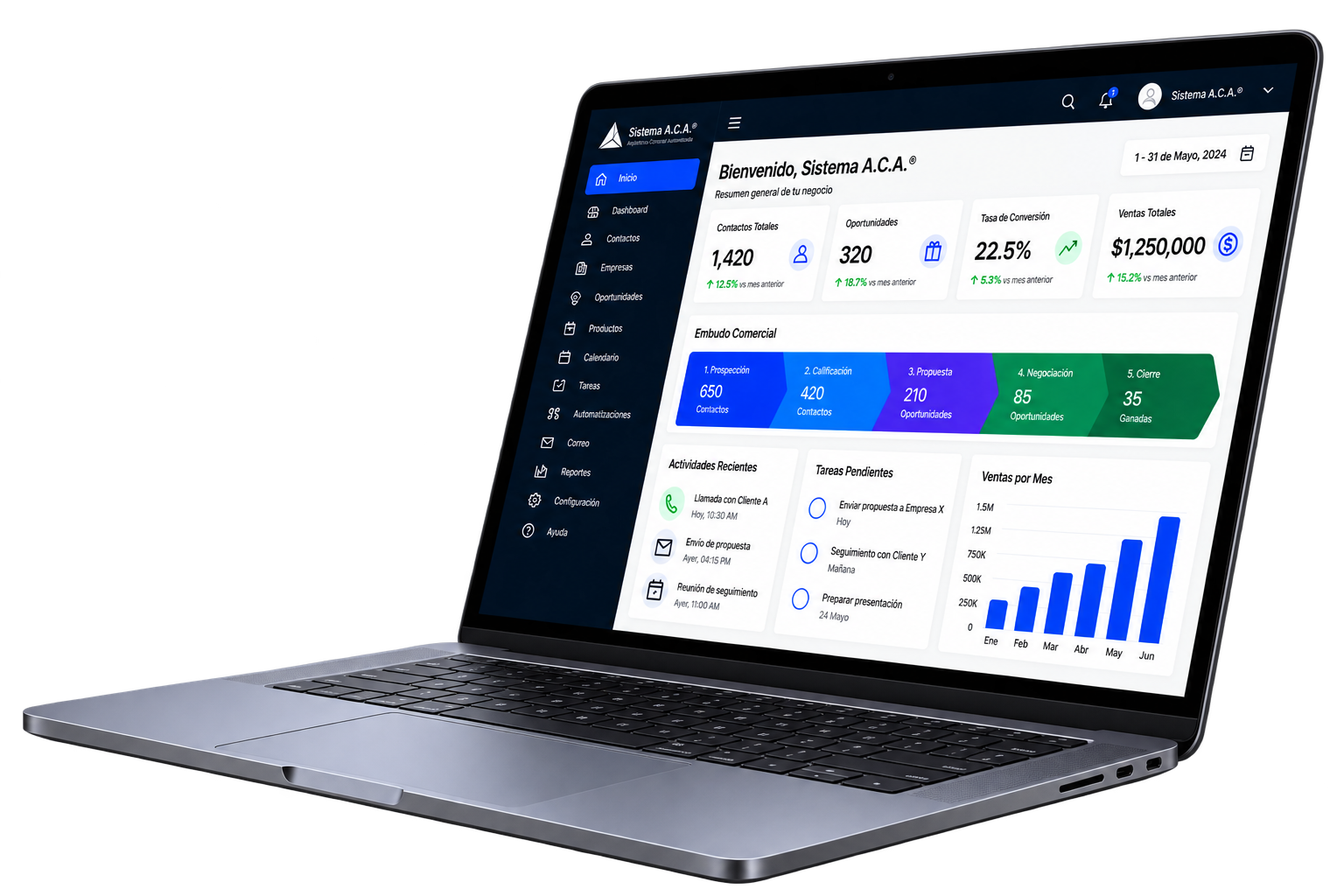 Panel de control del Sistema Comercial A.C.A.® mostrado en laptop