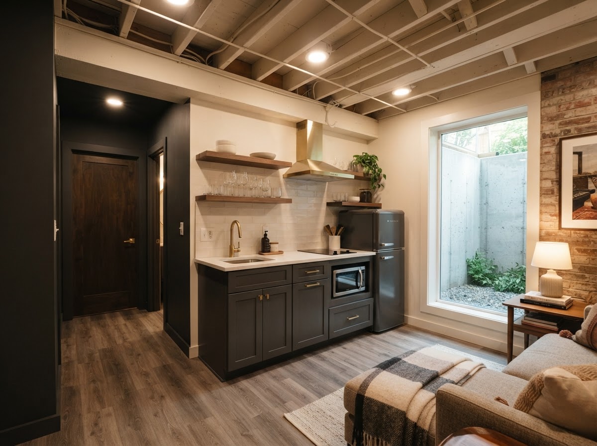 Basement ADU kitchenette with lower-level cabinetry, countertop, egress window, and exposed ceiling joists planned by a basement apartment contractor in Madison, WI