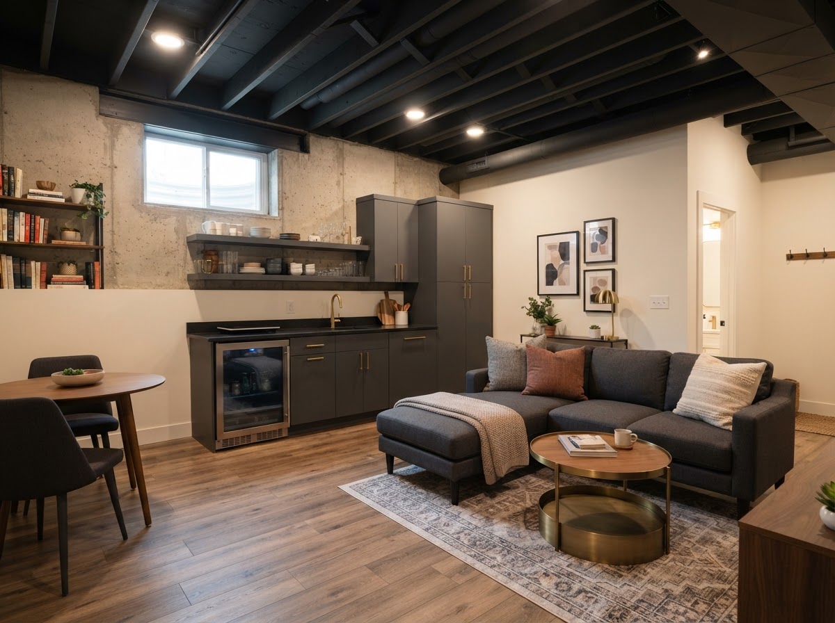 Basement apartment kitchenette with lower-level cabinetry, an egress window, and exposed joists planned by a basement ADU contractor in Madison, WI