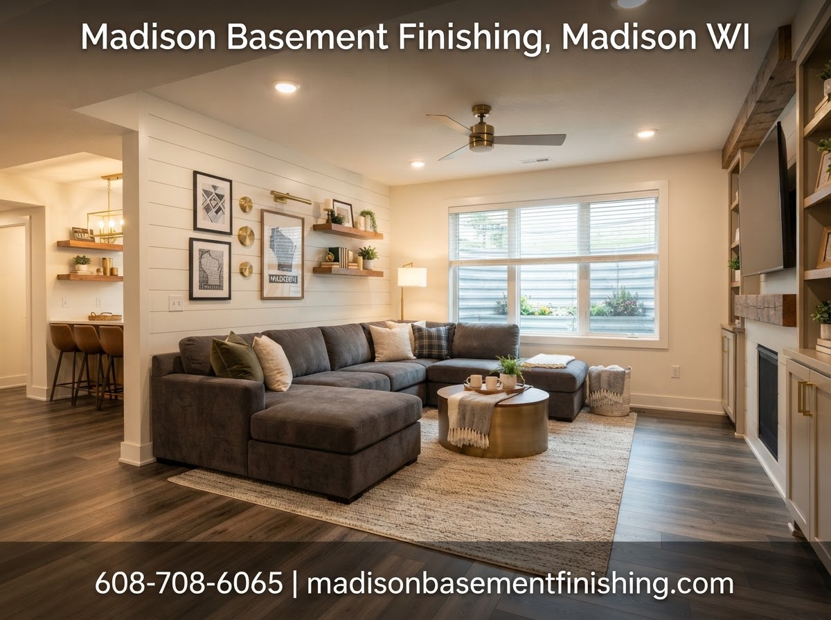 Finished basement family room with warm wood flooring, recessed lighting, and a stone accent wall built by a basement finishing contractor in Madison, WI
