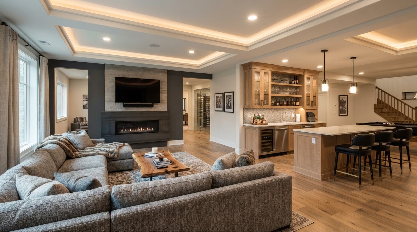 Newly remodeled lower-level living space with modern gray flooring, built-in shelving, and updated lighting installed by a basement remodeling contractor in Madison, WI