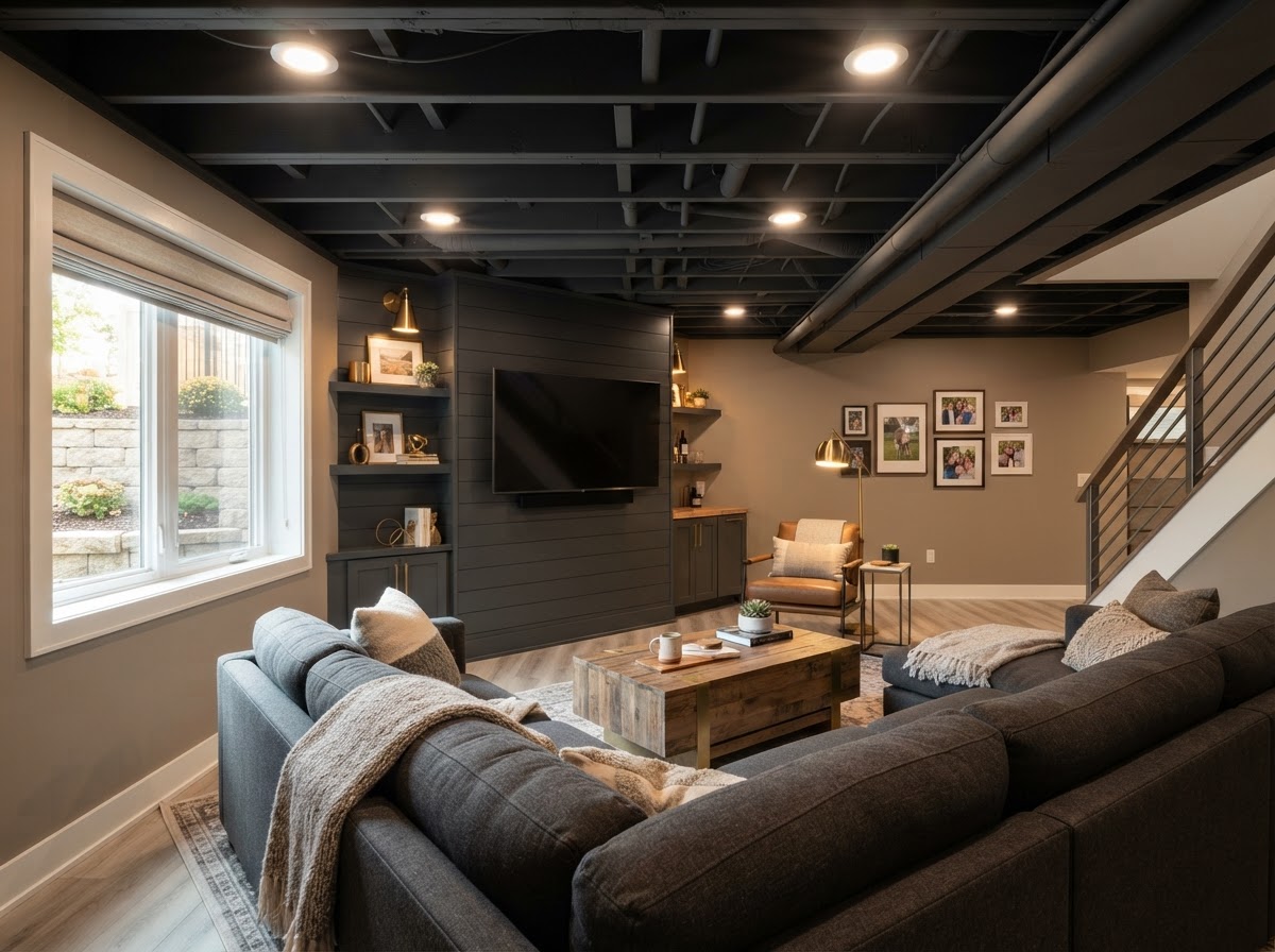 Lower-level basement living area with finished drywall walls, recessed ceiling lights, and warm wood flooring showcasing remodeling craftsmanship in Madison, WI
