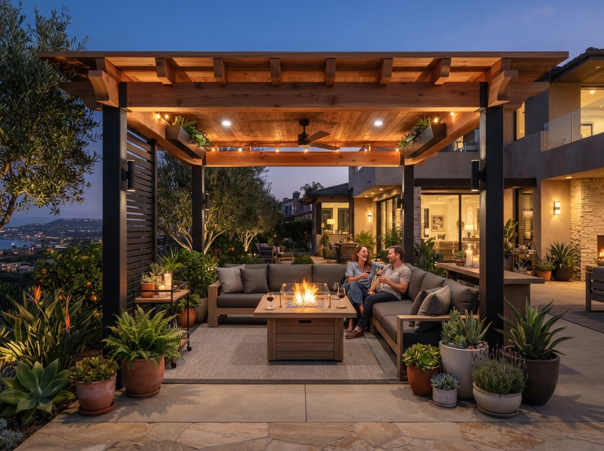 Custom pergola with outdoor living space