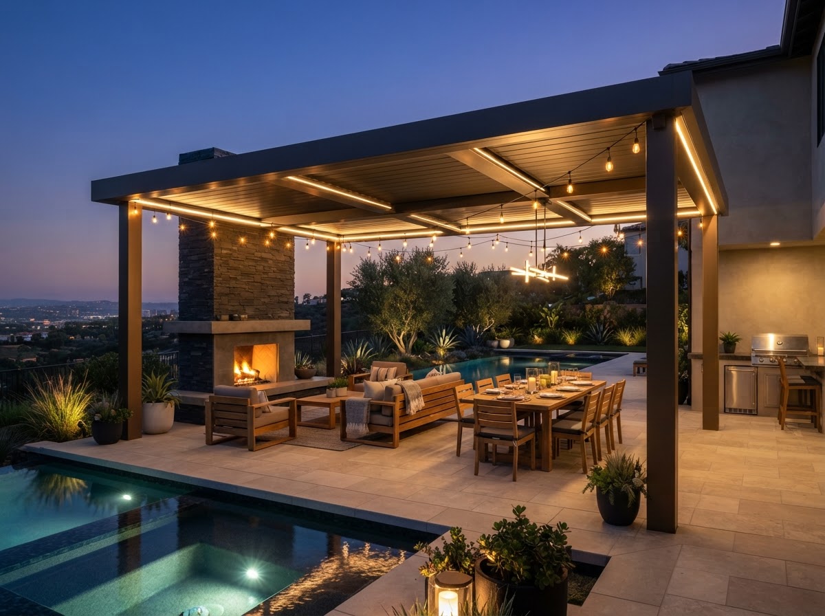 Completed Orange County patio cover at dusk
