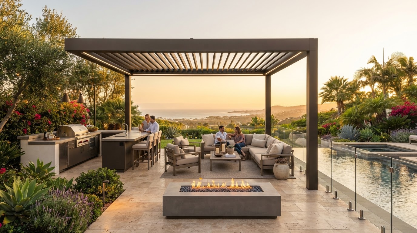 Sophisticated completed patio cover over an inviting Orange County outdoor entertaining space