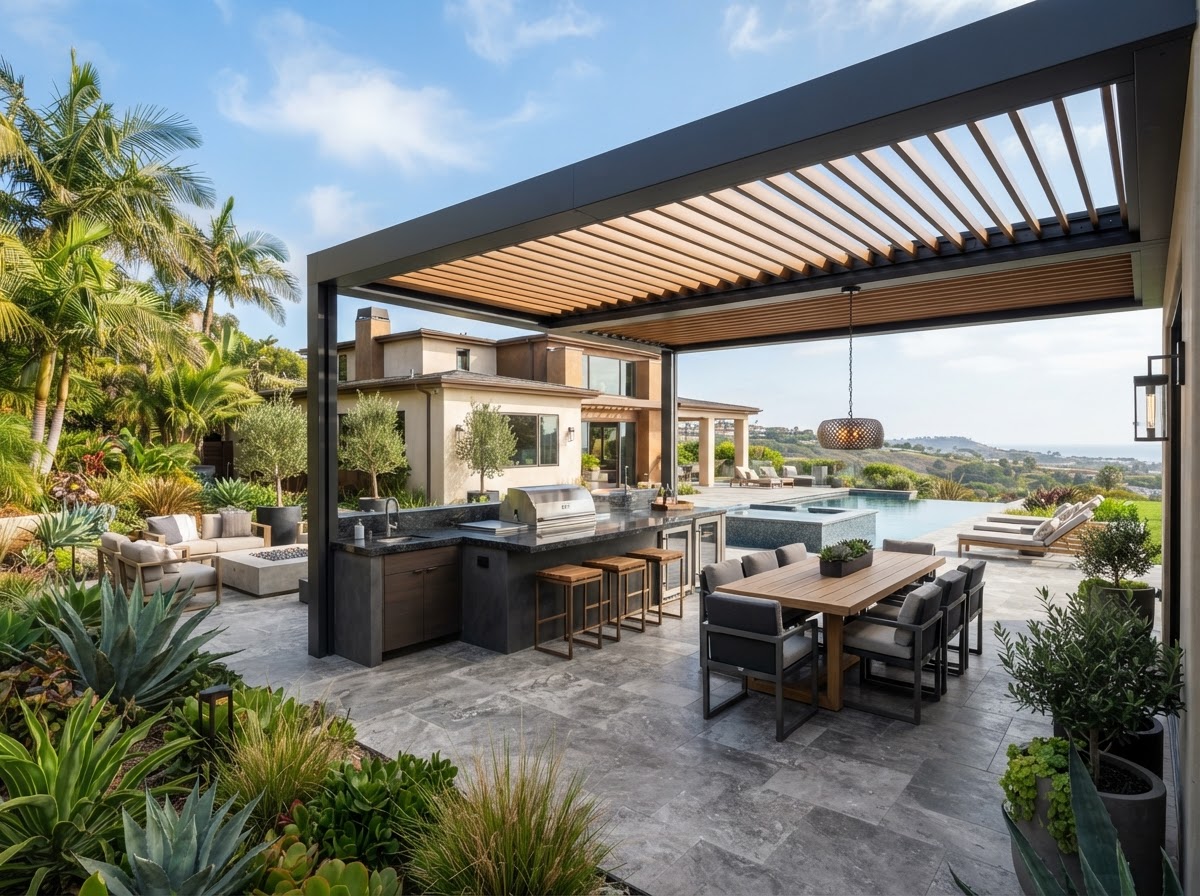 Modern louvered patio cover with outdoor kitchen